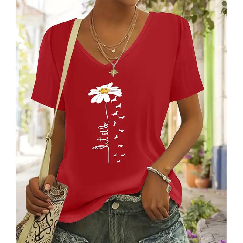 Fashion Flower Pattern Painting Blouses Short Sleeved V-Neck T Shirts Casual