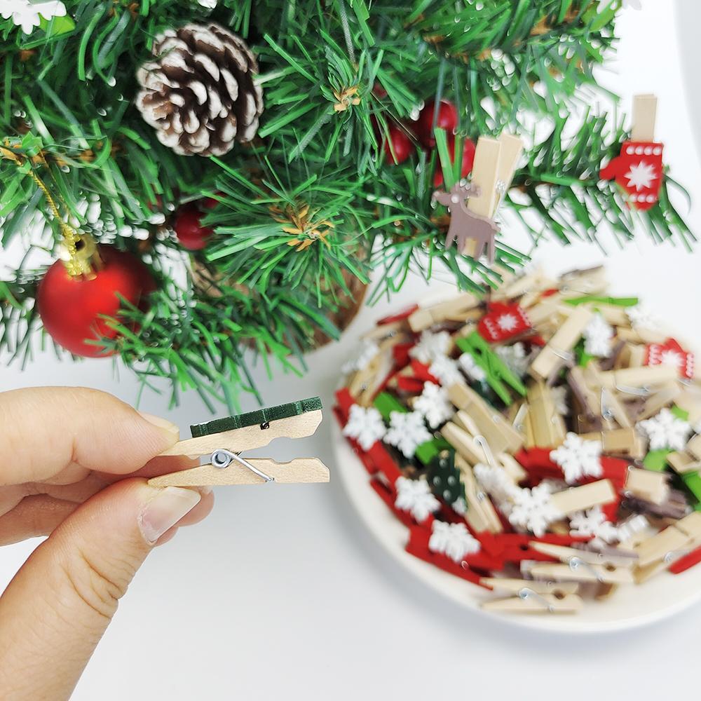 100Pcs Mixed Color Christmas Mini Wooden Clips Red Green Snowflake Elk Christmas Tree Decor Accessories Xmas 2023 Decorations