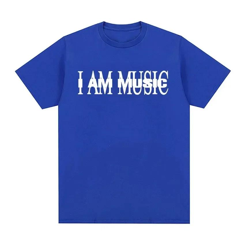 Men's I Am Music English Print 100% Pure Cotton Short-sleeved T-shirt, Street High-quality Clothing Top