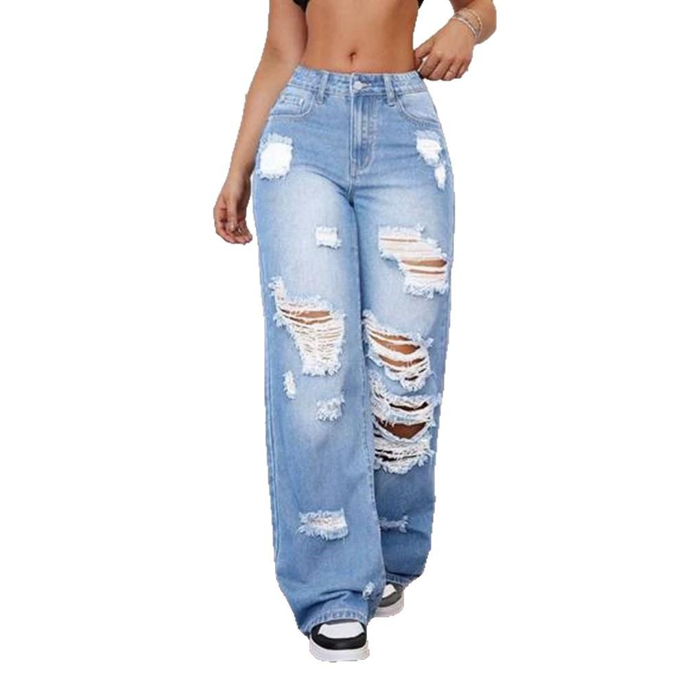 European and American Jeans Women's Clothing New Street Holes Loose High Waist Thin Straight Jeans Women