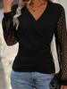 Women's Solid Color Patchwork Lace Lantern Sleeve Faux Button Loose Crossover Top