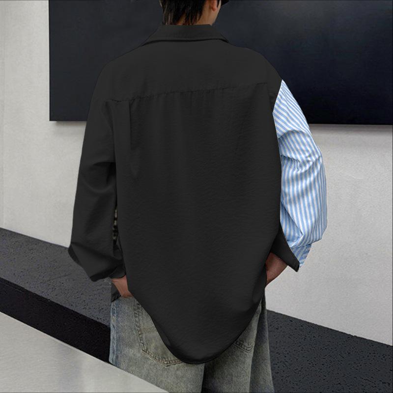 INCERUN Oversized Men Lapel Neck Long Sleeve Striped Patchwork Casual Shirts Tops 