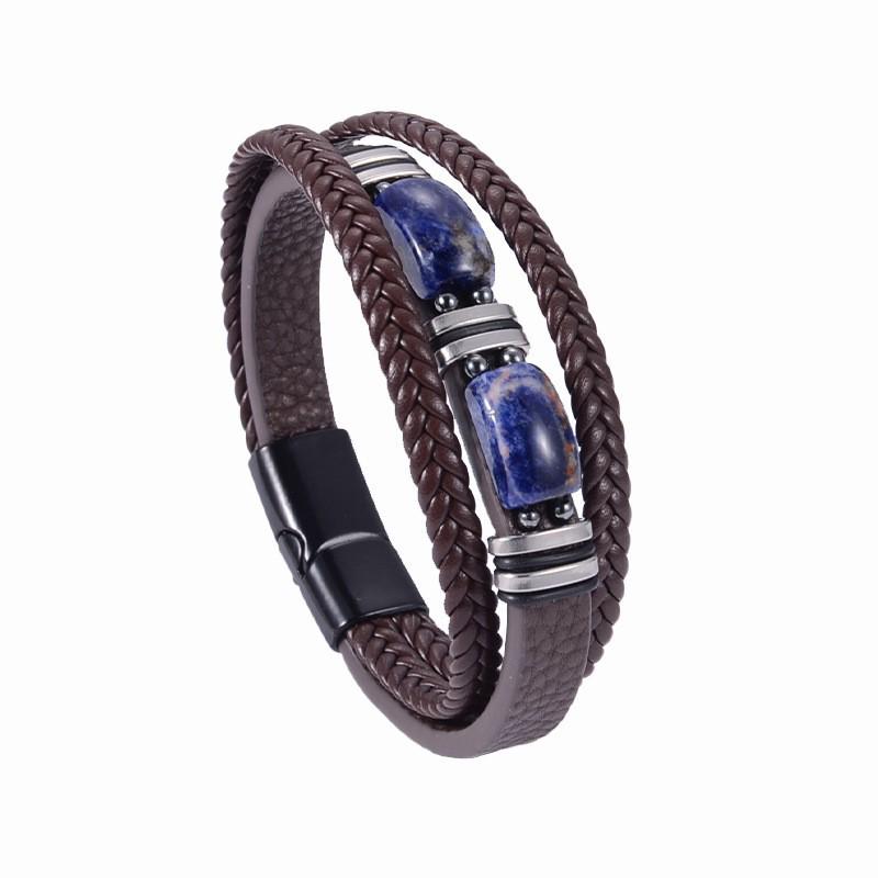 Men's Tiger Eye Woven Leather Bracelet - European & American Retro Style with Stainless Steel Handmade Jewelry.