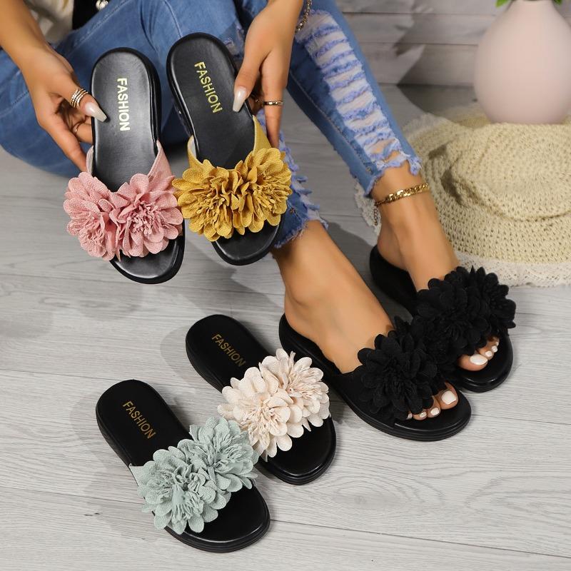 Fashion Fashionable Wedge Sandals for Women 2024 Summer New Beach Thick-soled Flower Decorated High-heeled Slippers for Women Large Size