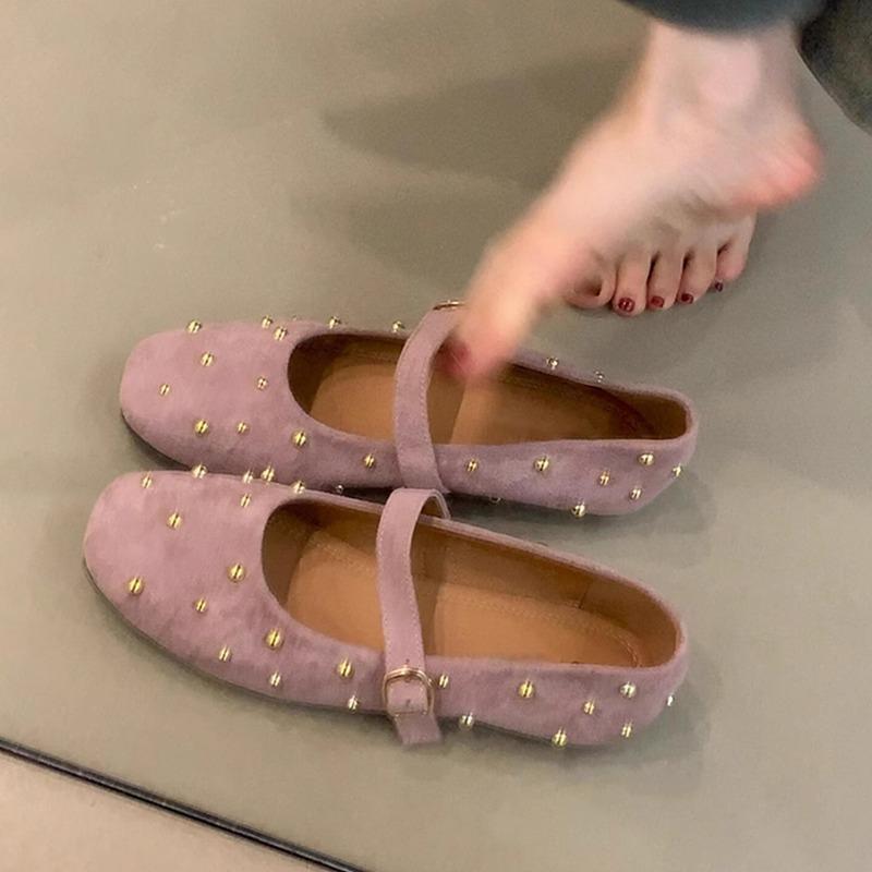 

Модные плоские универсальные дышащие туфли-одинарки женские новые с квадратным носком, мелкие, с заклепками, на одном ремешке, в стиле athleisure, туфли Мэри Джейн 40 фиолетовый