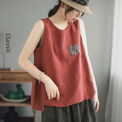 Kadın Büyük Boy Pamuklu-Keten Atlet: Yaz İçin Çok Yönlü Kolsuz Retro Üst