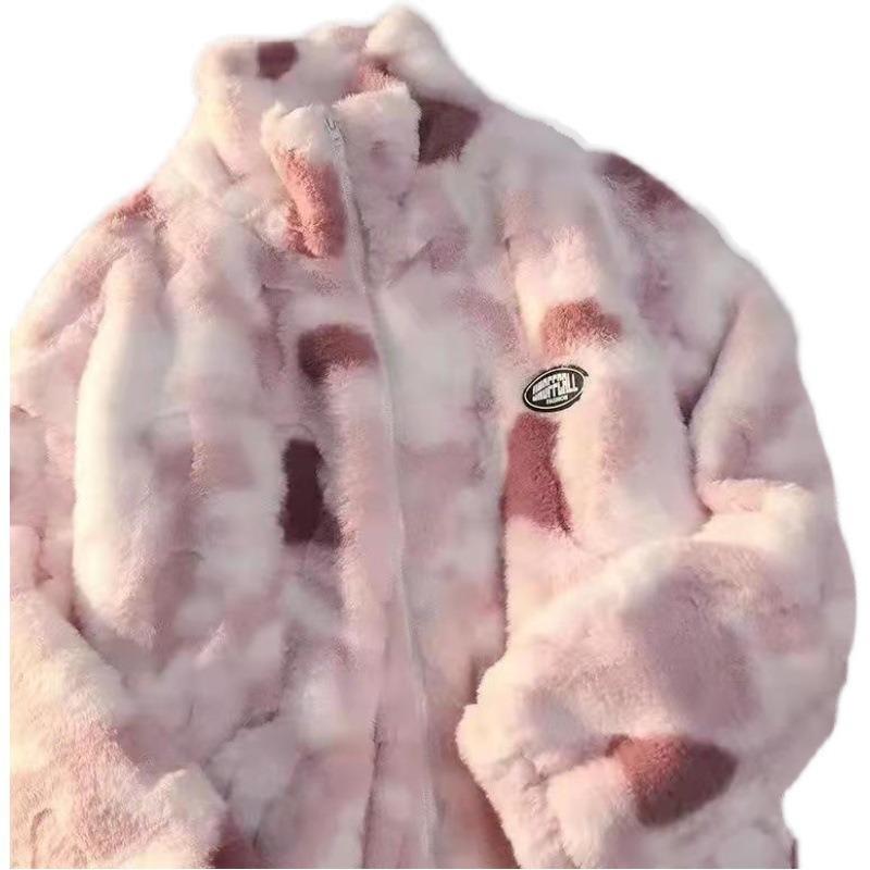 Women's Tie-dyed Lamb Wool Imitation Leather Jacket Women's Autumn and Winter Thickened Lamb Wool Top New Loose