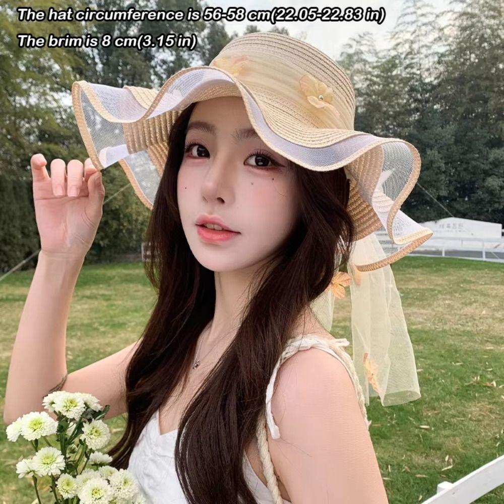Wide-brimmed Straw Hat Breathable Beach Hat Sweet Sun Hat  for Summer Sun Protection