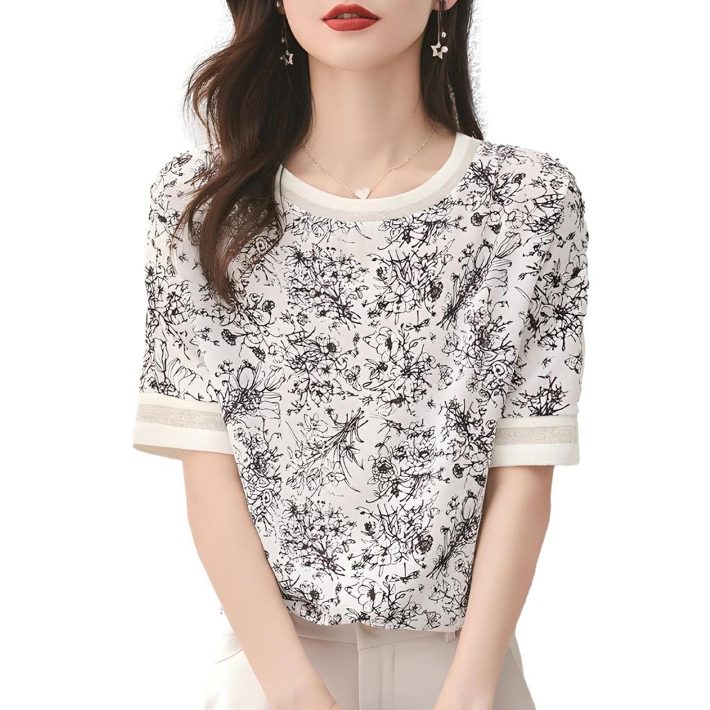 Botanical Print Chiffon Blouse with Floral Print and Ribbed Office J-Scott T-Shirt, Half-Sleeve Sleeves, Monotone, Casual, White, JS83-WH-L