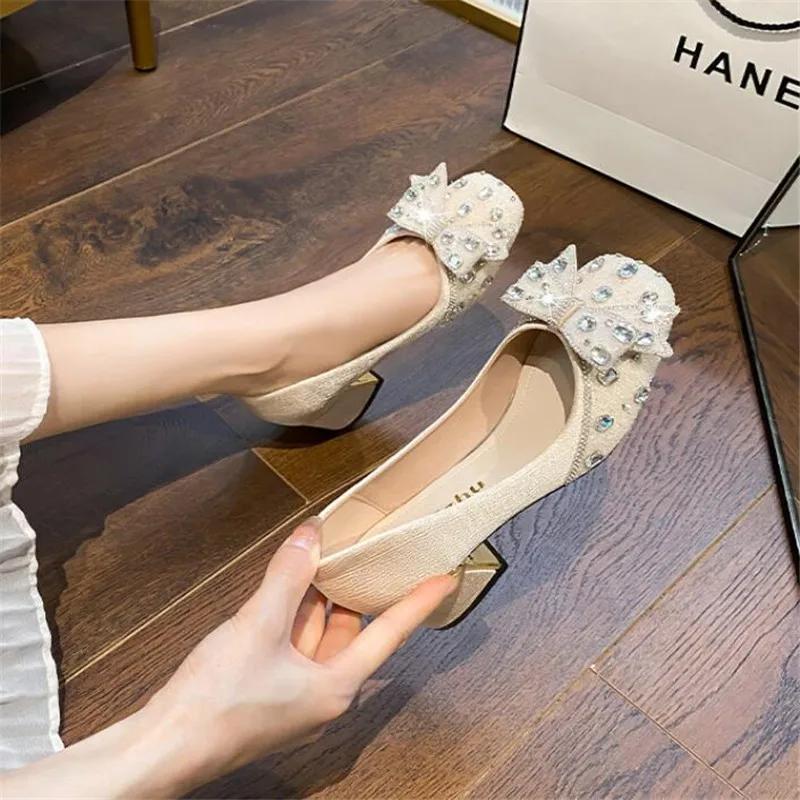 2024 New Women Shoes Fashion Thick Heel Square Toe Rhinestone Shallow Mouth Women Shoes Large Size 43 Women's Wedding Shoes