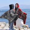Warm Thick Plaid Hooded Cape Shawl Women Winter Cozy Wrap Scarf Lightweight Blanket Coat