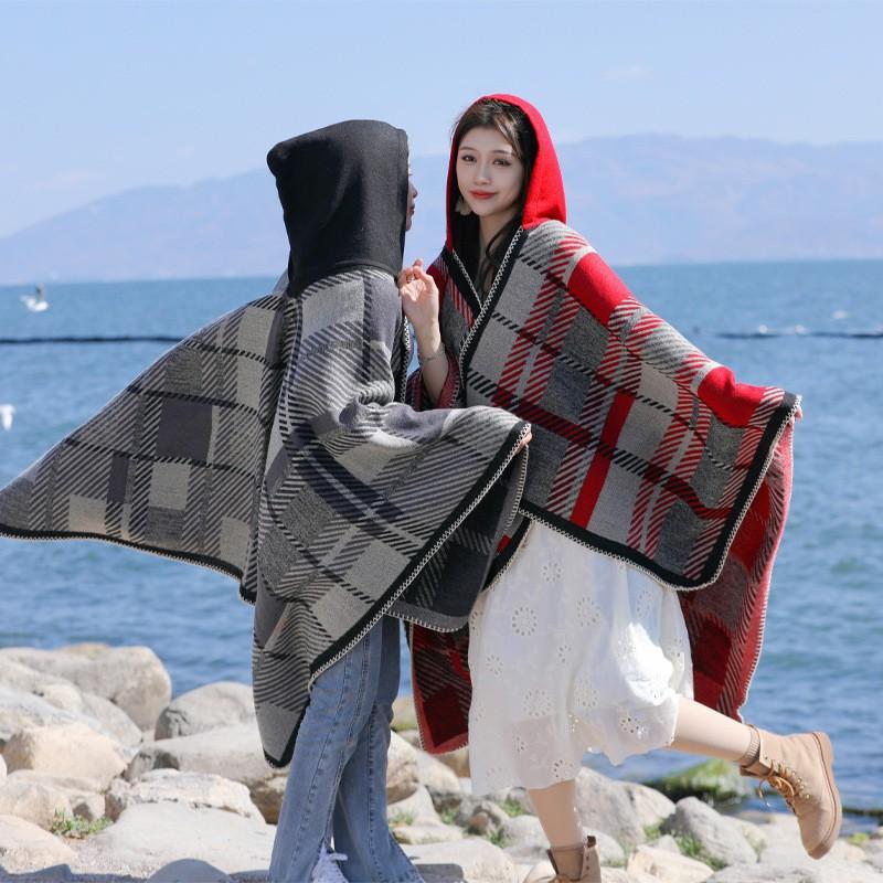 Warm Thick Plaid Hooded Cape Shawl Women Winter Cozy Wrap Scarf Lightweight Blanket Coat