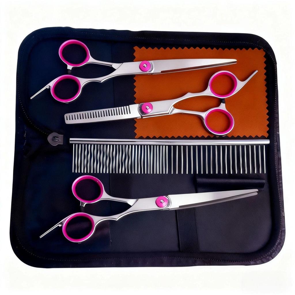 Portable Pet Grooming Scissor Set: Flat & Curved Hairdressing Tools