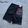 RogueWave Hip Hop Cartoon Pattern Pocket Embroidery Denim Shorts Y2k Retro Baggy Dark Blue Jeans Short Men Women Street Skateboard Jorts