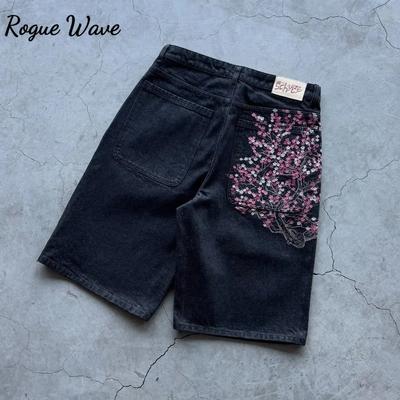 RogueWave Hip Hop Cartoon Muster Tasche Stickerei Denim Shorts Y2k Retro Baggy Dunkelblaue Jeans Short Männer Frauen Straße Skateboard Jorts