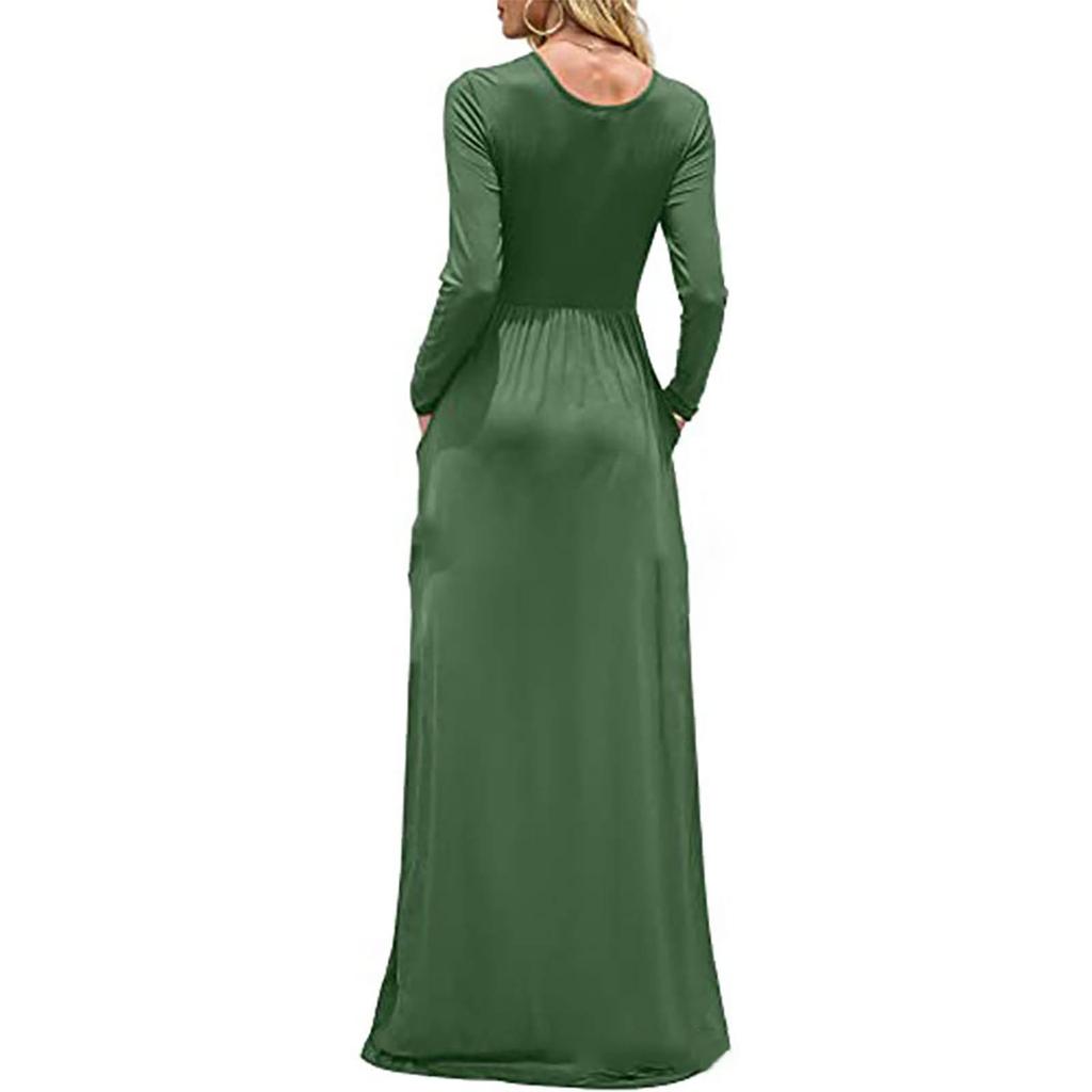 Women's Fashion  Solid Color O-neck Long Sleeve Waist Draw Pleated Long Dress Loose With Pocket Long Dress