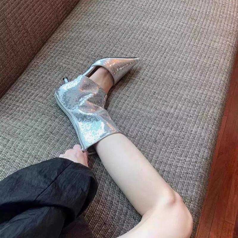 Fashion New boots women's summer short barrel pointed toe thin heel sequined cat heel fashion explosive temperament cool boots