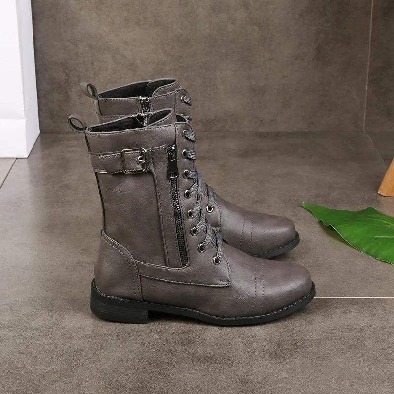 Damen Square Heels Stiefeletten Herbst Winter PU Leder Kurze Arbeitsstiefel Frau Übergröße Schnürschuhe Elastische Schuhe