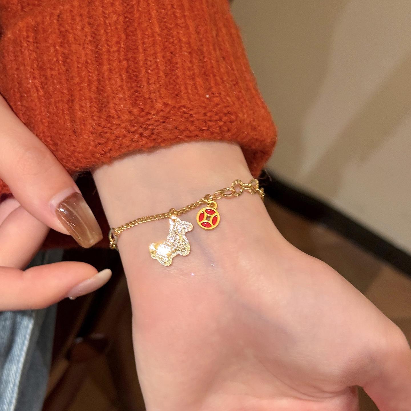 18k Gold Plated Double Layer Zircon Horse Coin Bracelet - Light Luxury, High-End Retro Fashion Hand Jewelry