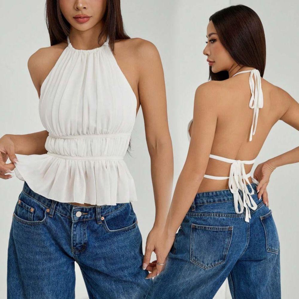 Sleeveless Chiffon Vest Tops Halter Women's Crop Top Fashion Lace-up Camisole  Beach
