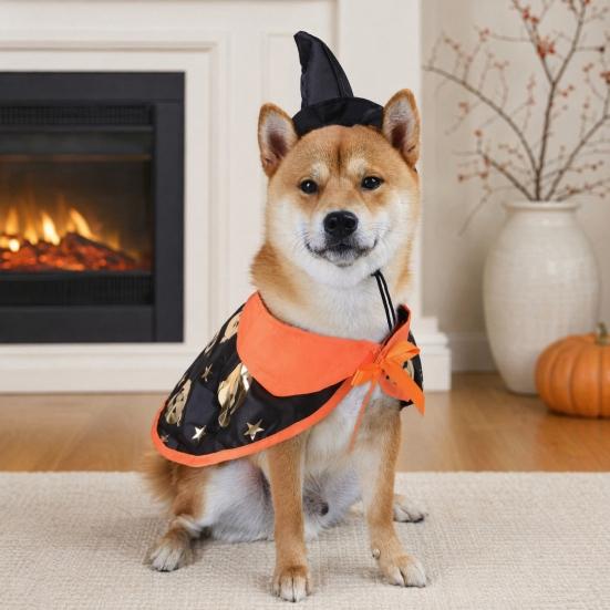 Yangyizhi 1 Set Pet Halloween Costume, Cat Wizard Hat And Cape, Cute Pumpkin Print Apparel for Small Dogs Cats Festive Party Wear