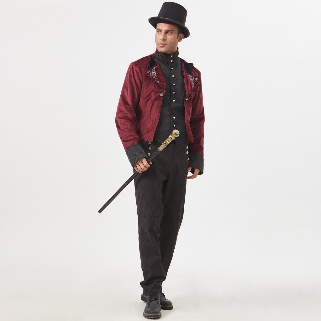 Pánský vínově červený retro punkový kabát střední délky se stojáčkem (Vydání 2025)