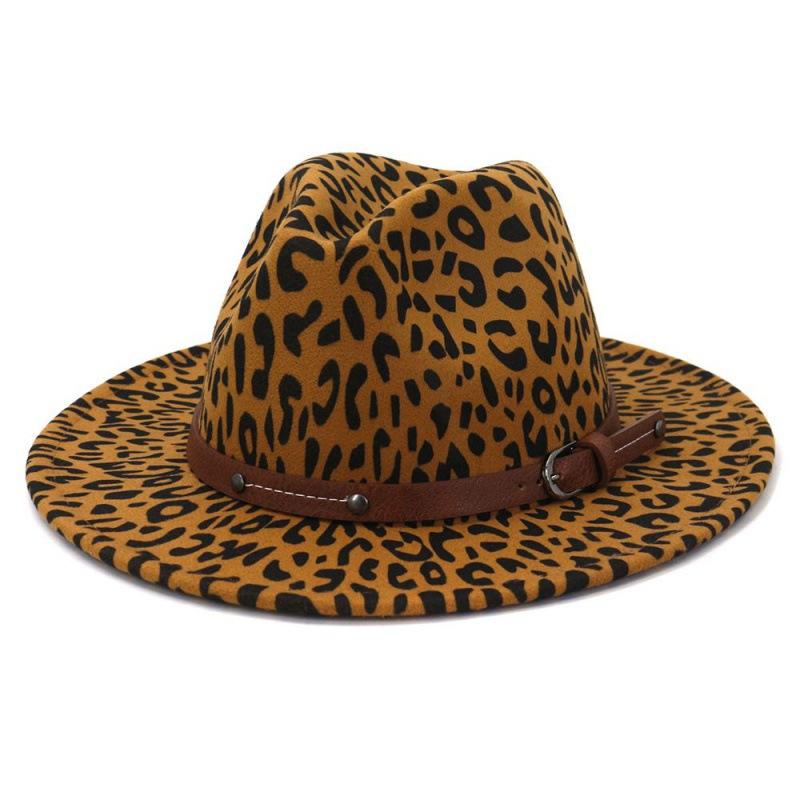 Men and Women European and American Big Eaves Hat Fashion Flat Hat Autumn and Winter British Style Leopard Print Woolen Jazz Top Hat MNDJS