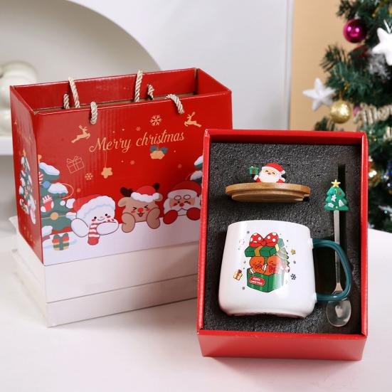Christmas Gift Mug with Lid Spoon Santa Claus Reindeer Ceramic Cup Keeps Drinks Warm