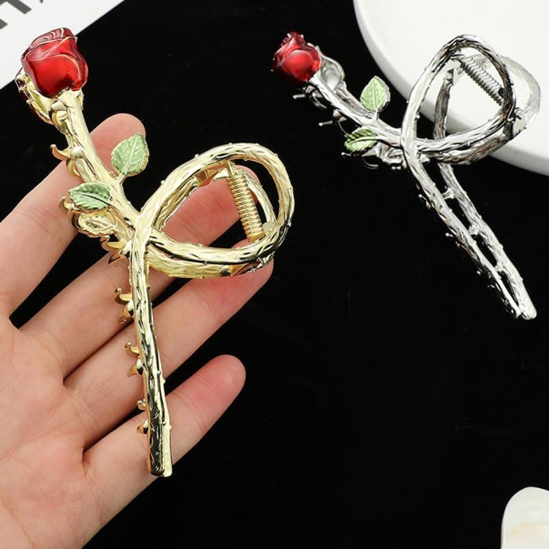 Homoyoyo Large Hair Claw Clip for Thick Hair, Retro Metal Rose Design, Strong Hold Hair Accessories, 11.5cm Extra Large Size, Gold x Red Alloy,