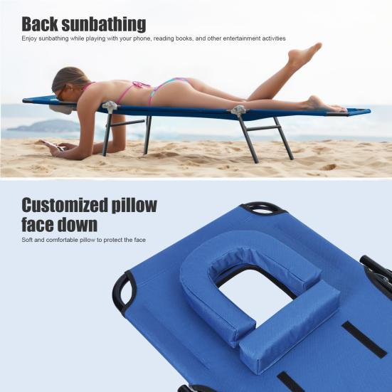 Foldable Camping Cot for Adults, Reclining Lounge Chair with Face Hole, 4 Height Adjustable, Removable Pillow