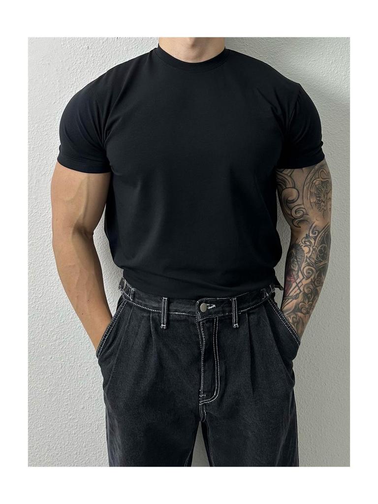 Camiseta de Fitness Masculina de Manga Curta com Secagem Rápida e Decote Pequeno