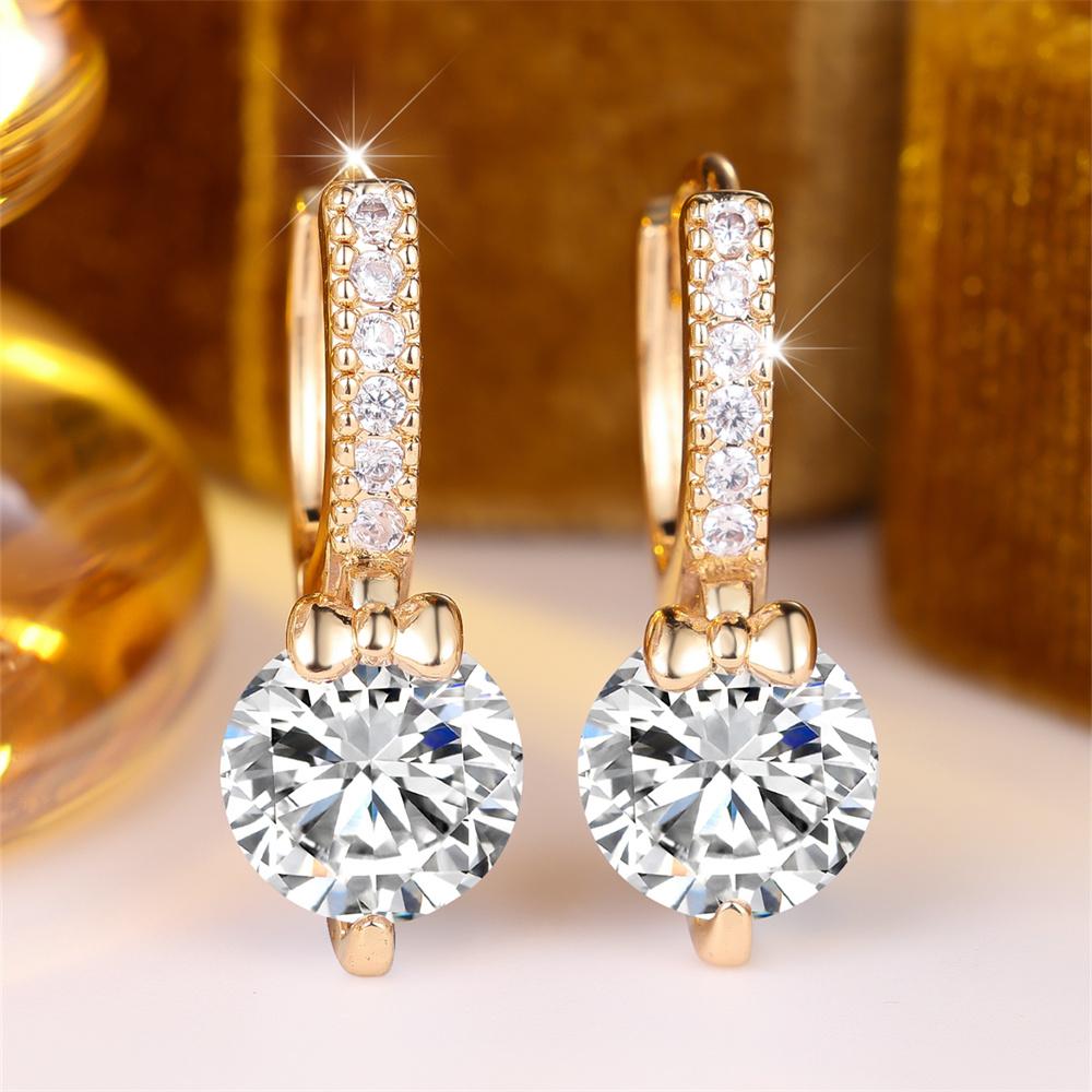 White Zircon Round Stone Cute Metal Bowknot Small Hoop Earrings For Women Gold Color Ear Buckle Wedding Jewelry Versatile Gifts
