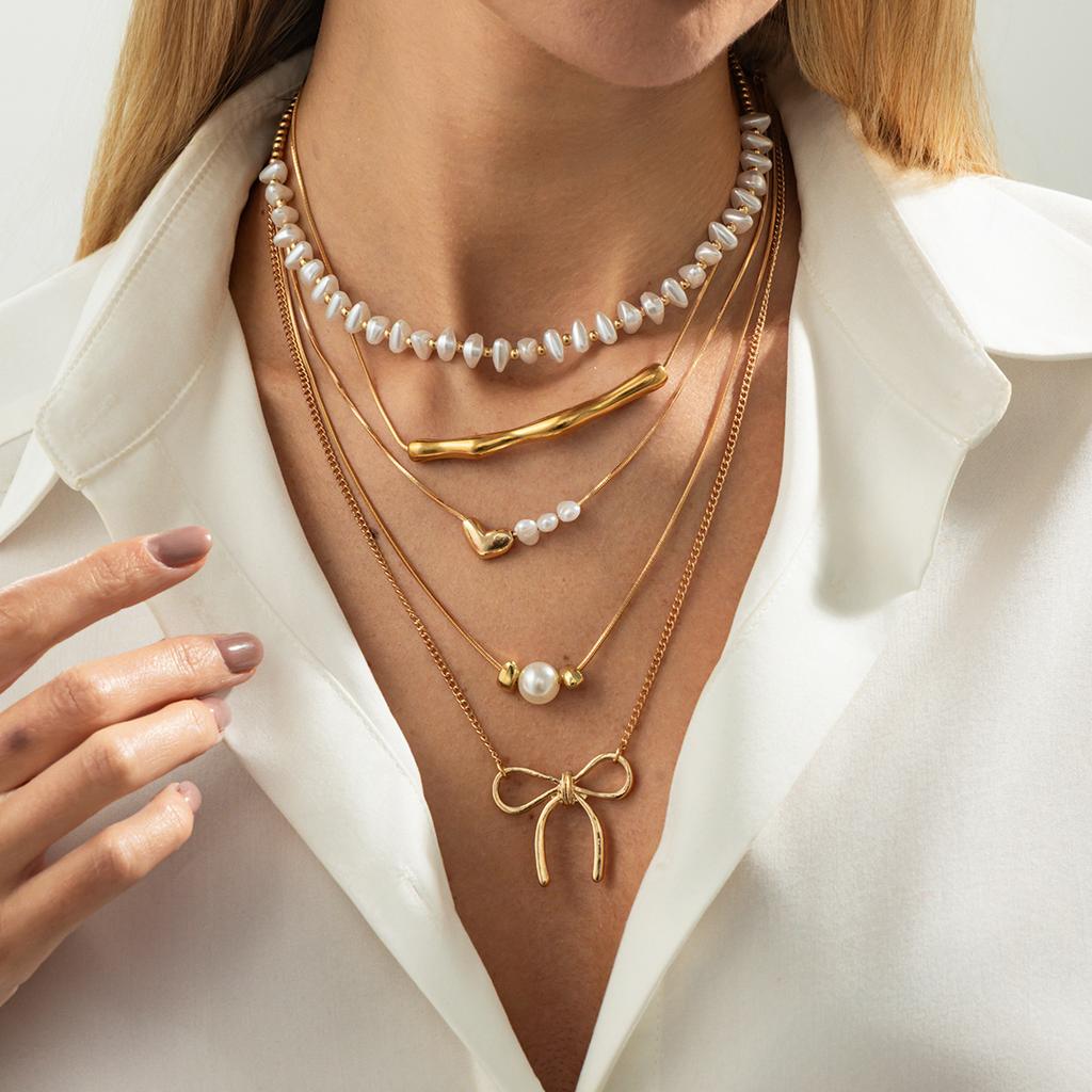 Wind Imitation Pearl Beads Stacked Necklace, Sweet And Cool Love Bow Elbow Collarbone Chain Necklace