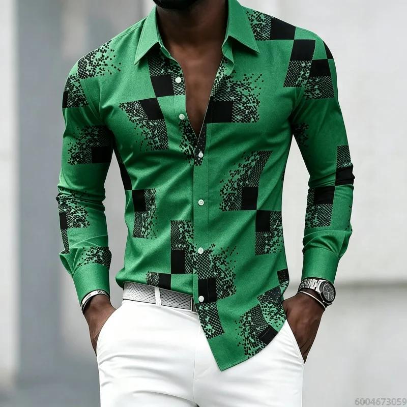 Men's Black and White Patchwork Block Fragment Printed Long Sleeved Shirt, Men's Slim Fit Trend Lapel, Business Casual Shirt