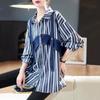 Women's Spring Temperament Striped Color-Collision Splicing Shirt Personalized Long Sleeve Denim Top