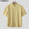 INCERUN Men Collarless Short Sleeve Button Down Casual Loose Shirts Tops