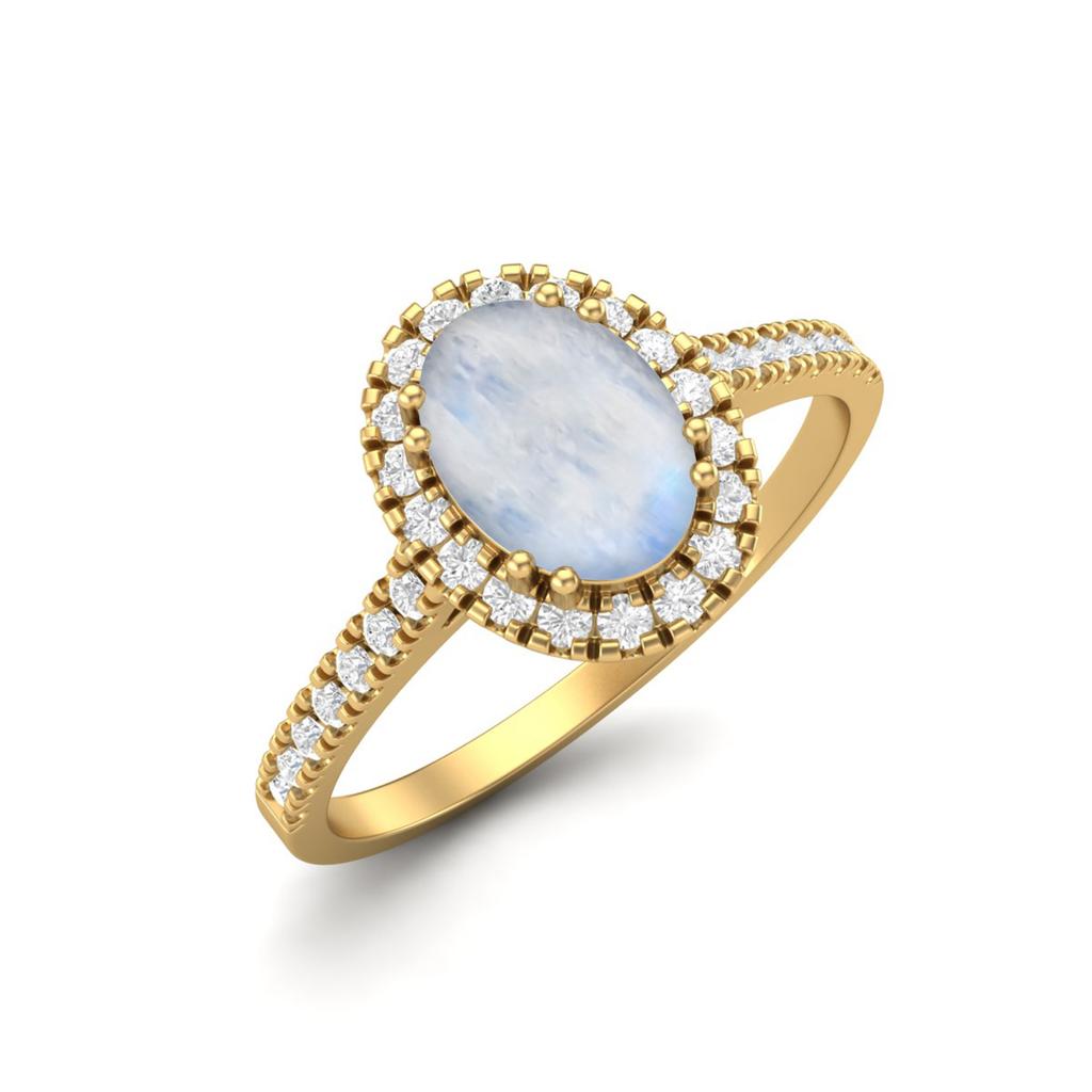 7x5 mm Oval Moonstone Halo 925 Sterling Silver Gold Vermeil Engagement Anniversary Women Ring