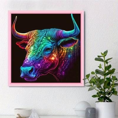 Pictură cu diamant DIY, cu cap de taur colorat, kit cu punct de cruce, artă mozaic, pictură cu diamant, cerc complet/pătrat, decorare a casei cu diamant