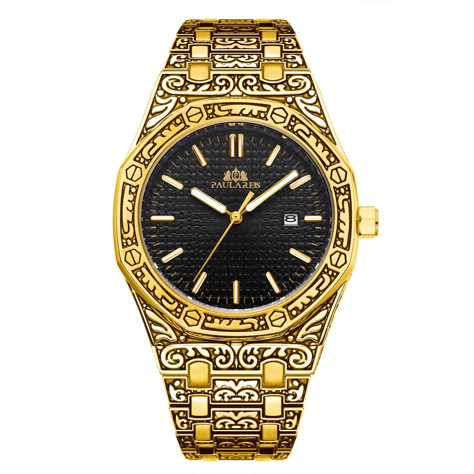 Paulareis Quartz Carved Oak Calendar Men's Luminous Watch