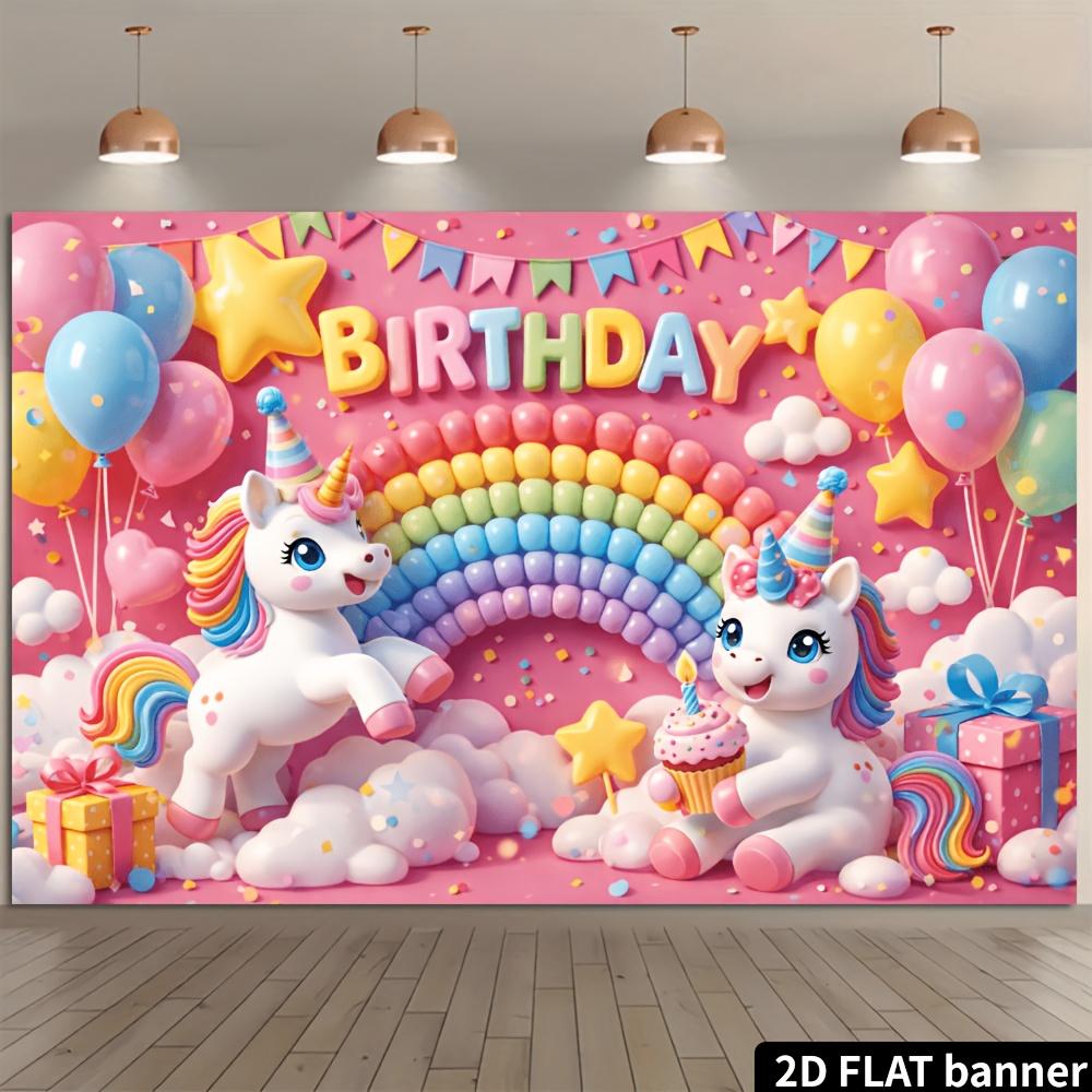2D Plane Unicorn Balloon Rainbow Birthday Background Cloth - Pink Background - Birthday Theme
