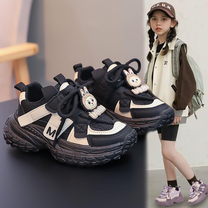 Girls Lightweight Running Sneakers Kids Soft Sole Casual Dad Shoes In Black Purple Mesh Upper