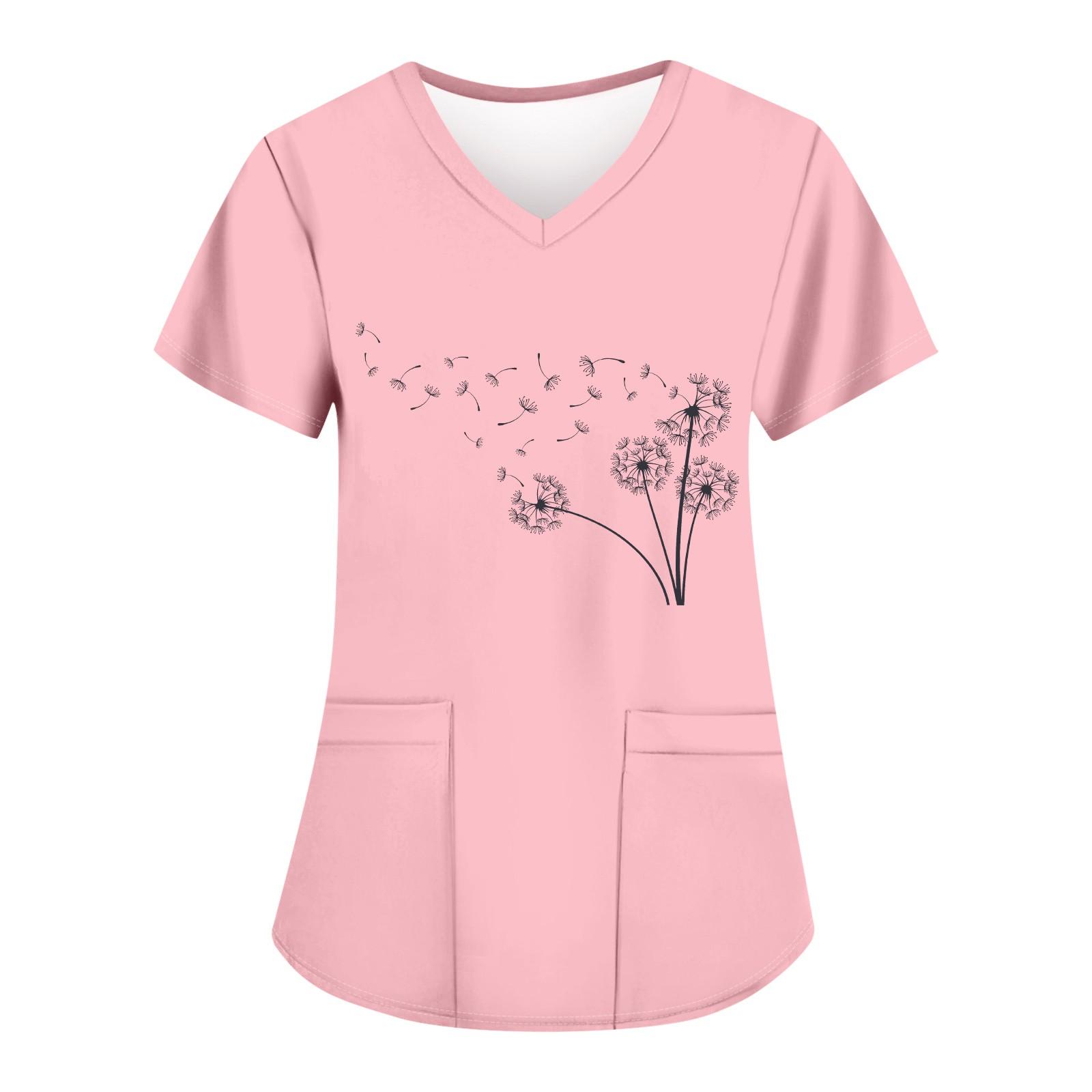 

Женские модные топы с короткими рукавами и V-образным вырезом с принтом, рабочие футболки с карманами XXXL розовый