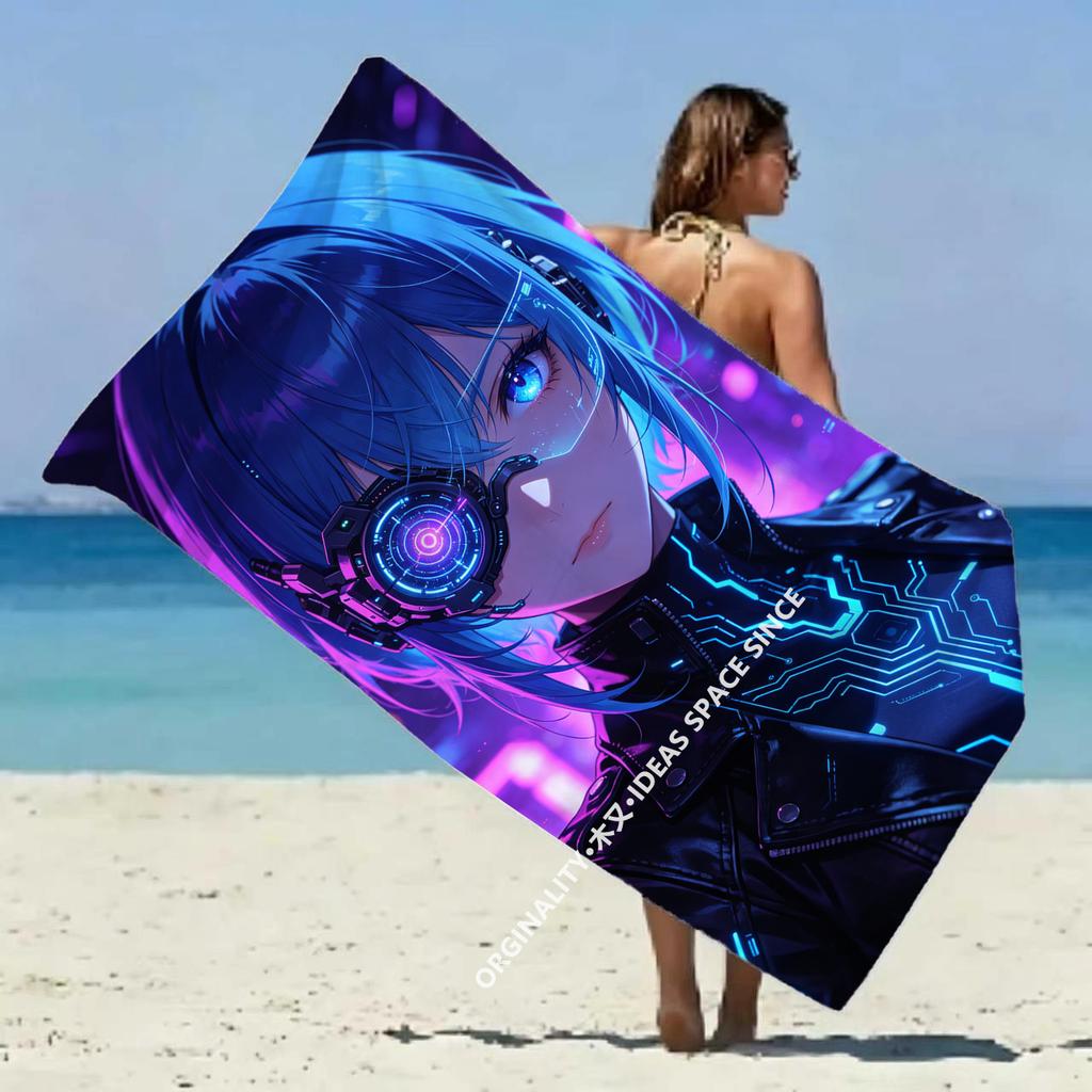 Cyber Anime Girl Beach Towel Patterned Sunscreen And Windproof Suitable For Swimming Pool Camping Travel Blanket