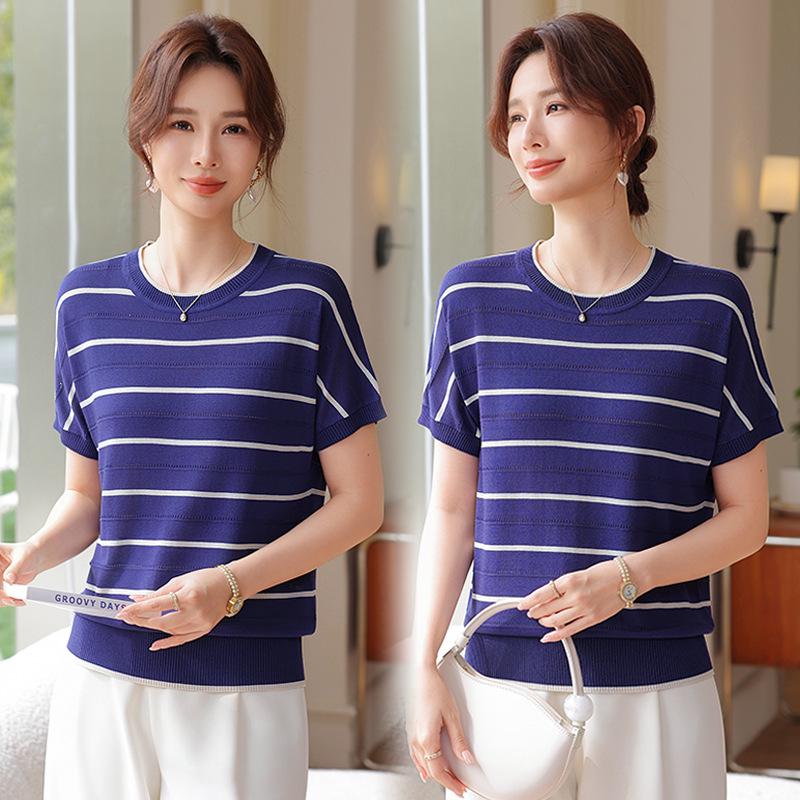 

26 SS Korean Style Striped Knitwear: Loose, Breathable Round Neck T-Shirt for Middle-aged & Elderly Women 115 (55-62.5 kg) темно-синий