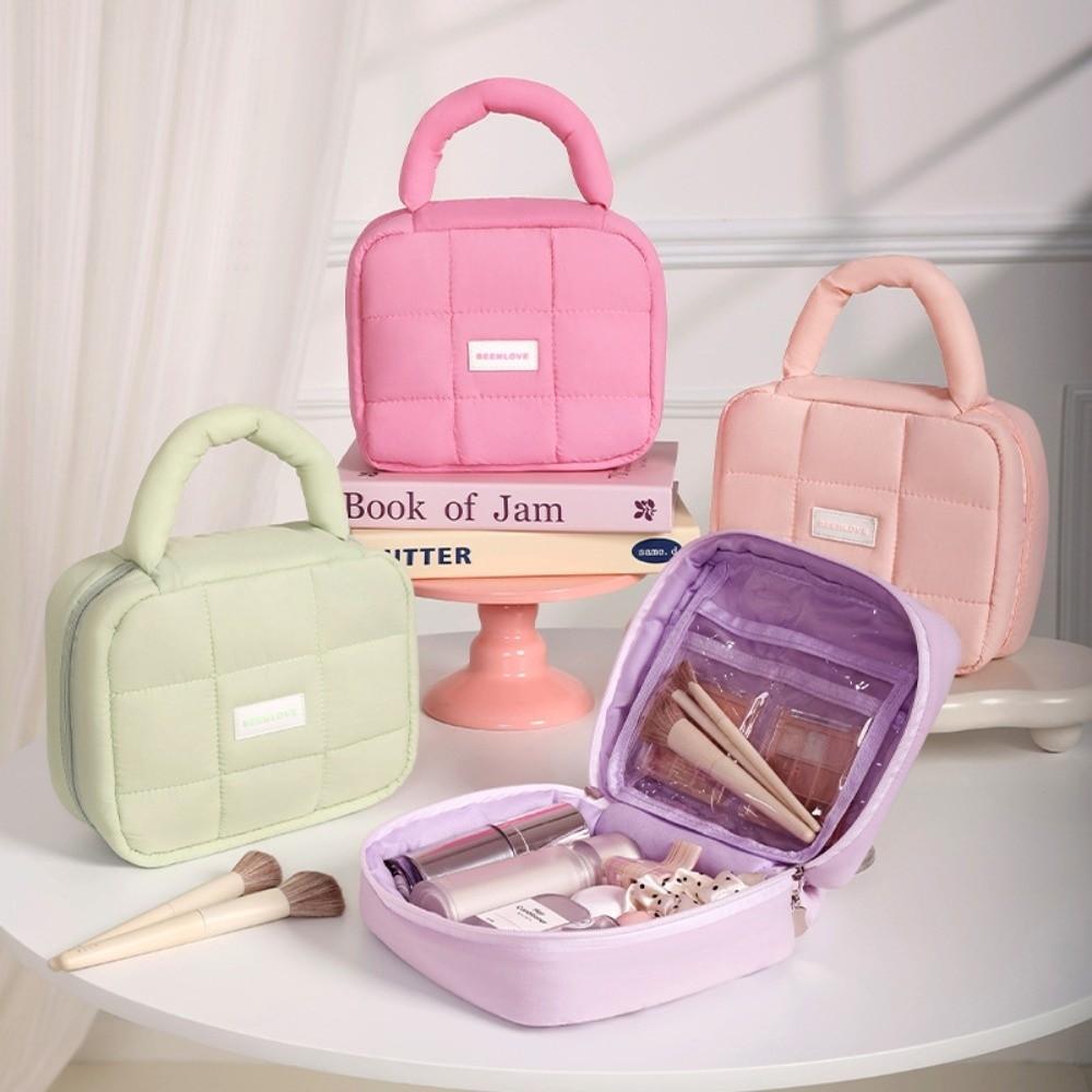 Quilted Hand-held Makeup Bag Candy Color Portable Toiletry Bag Puff Square Cosmetic Bag  Home