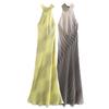 Fashion Style 2024 Amoi Women's Hanging Collar Silk Satin Texture Stripes Mid Length Long Length Dress 3142009 064
