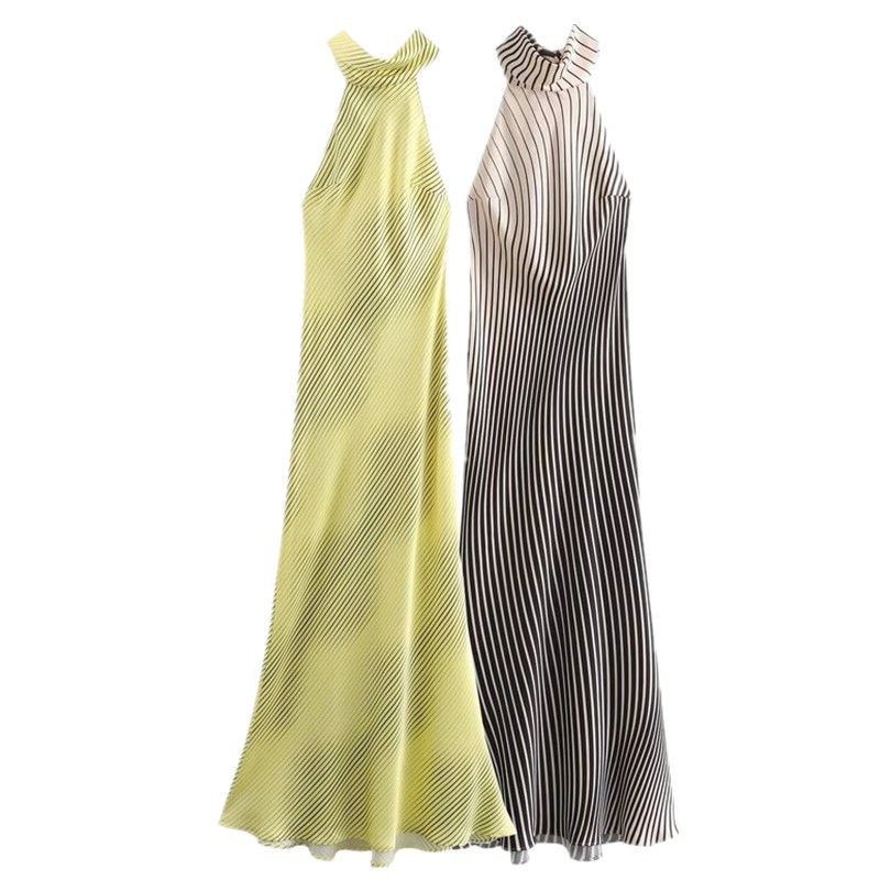 Fashion Style 2024 Amoi Women's Hanging Collar Silk Satin Texture Stripes Mid Length Long Length Dress 3142009 064