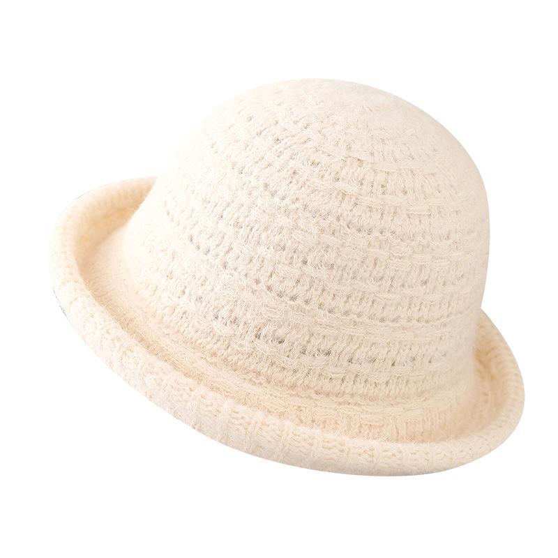 Solid color wool knitted bucket hat women's winter warm crimped hat versatile basin hat solid color bucket hat tide