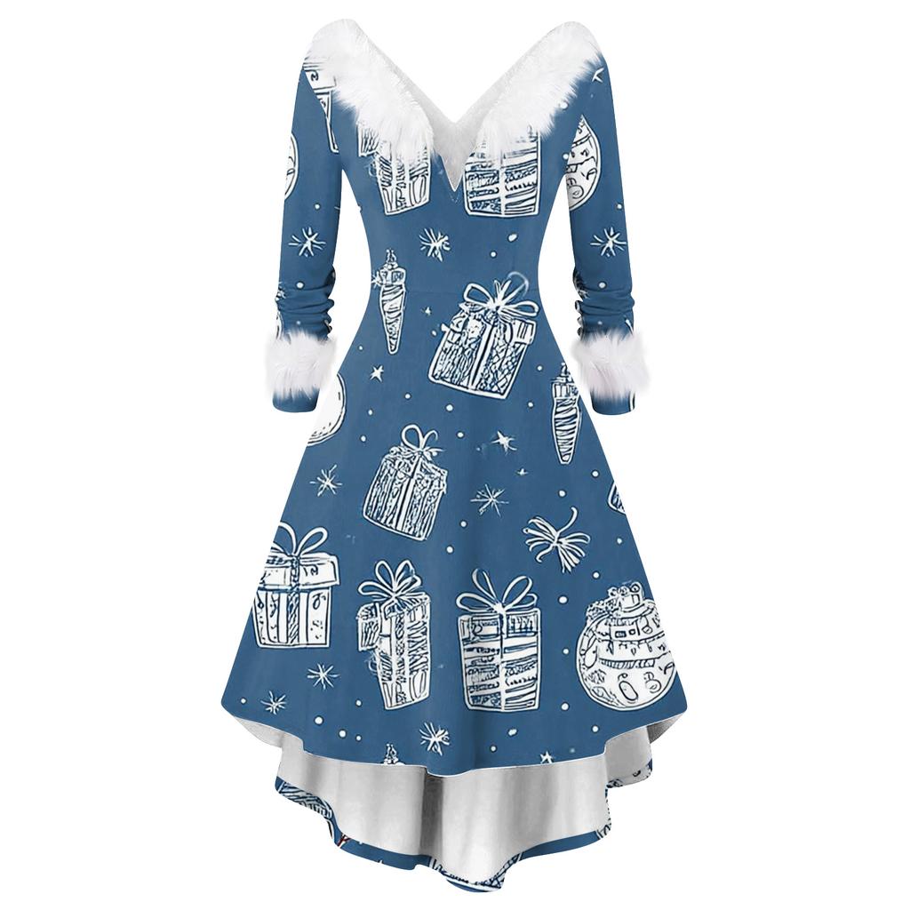 Women's Fashion Elegant Autun And Winter Long Sleeve V-Neck Christmas Print Dress