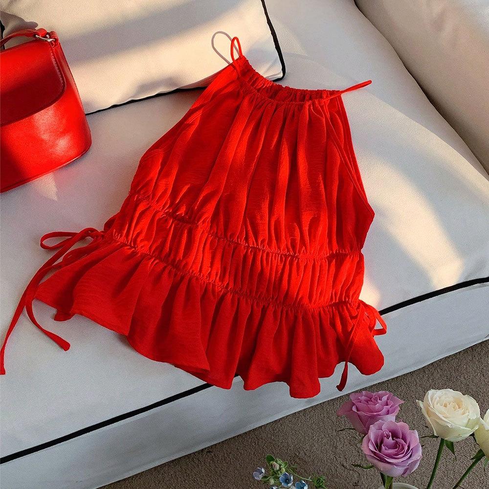 Women's Sexy Red Camisole T-shirt Summer New Style with Straps and Waist Cinching Top